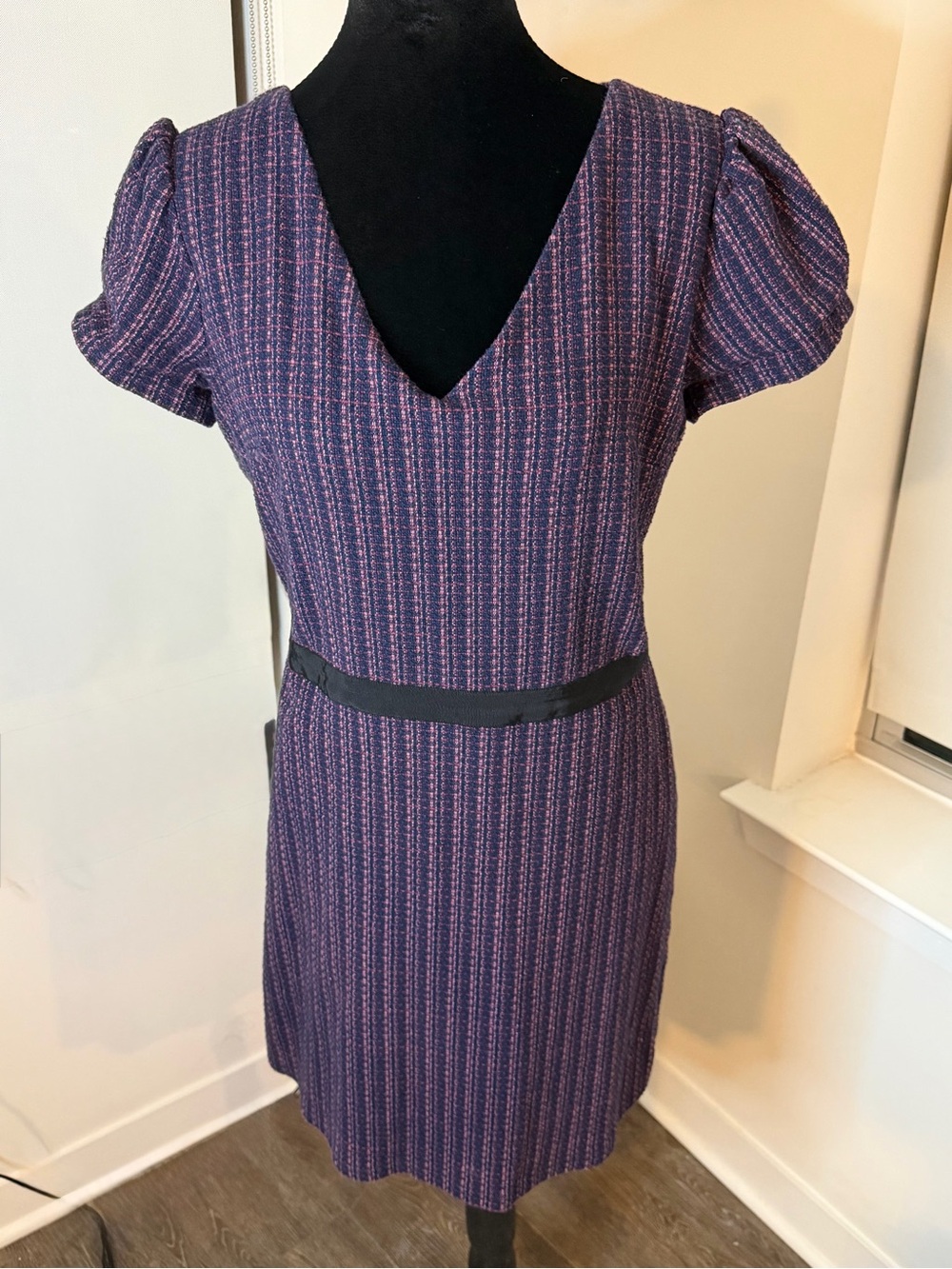 LOFT Navy Pink Tweed Puff Sleeve Dress Size 8